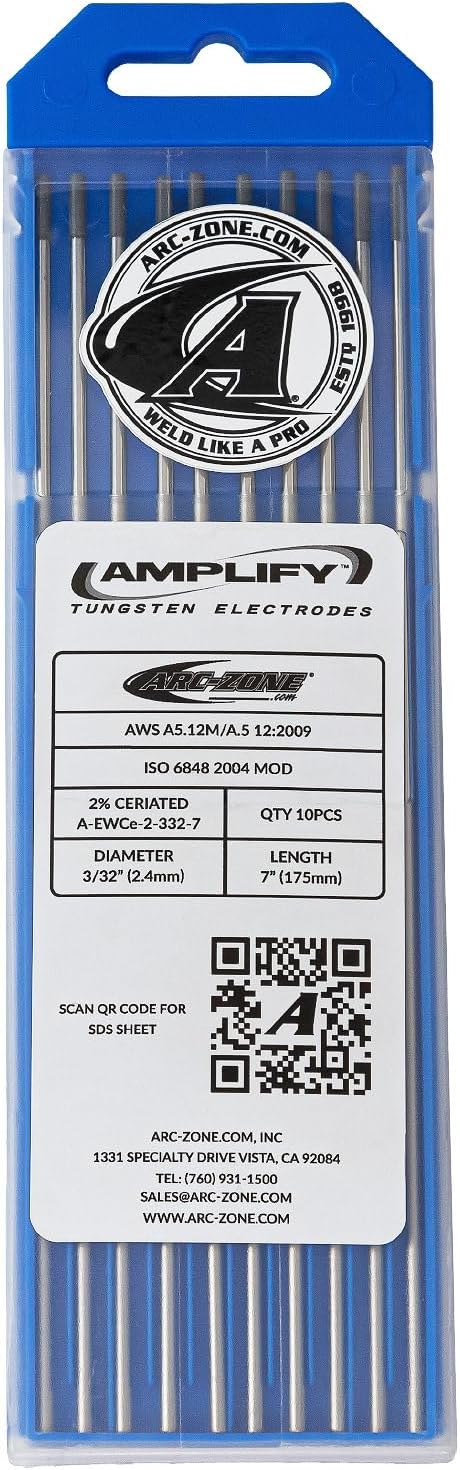 Arc-Zone Amplify Tungsten Electrode for TIG Welding, 2% Ceriated 3/32" X 7" (Grey, Ewce-2) 10 Pack
